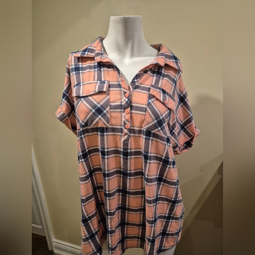 My Style Pink Plaid Shirt Top Shirt Sleeve Stretchy Women's Size XL EUC